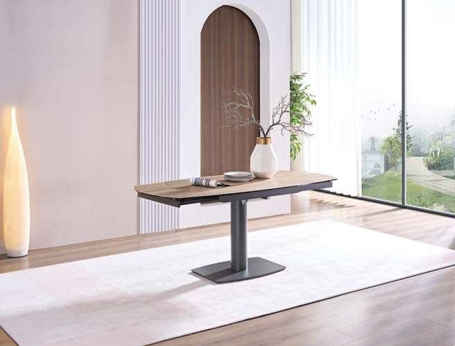 Table de salle à manger ronde chêne clair céramique, ouverture simultanée des 2 allonges